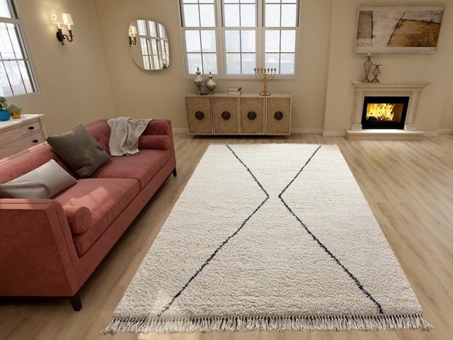 Hand Woven Moroccan Beni Ourain Rug with Two Black Lines