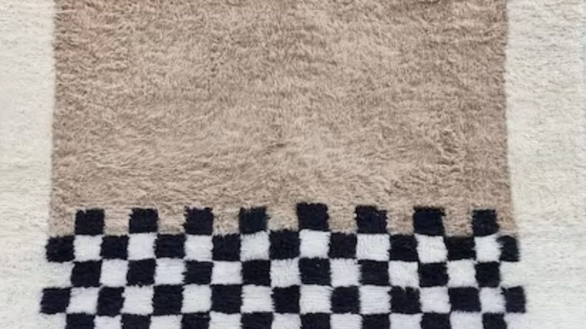 Beige and Black Checkered pattern Rug, Moroccan Beni Ourain Rug