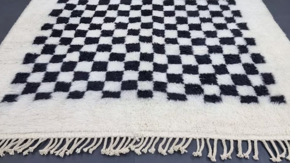 Beige and Black Checkered pattern Rug, Moroccan Beni Ourain Rug