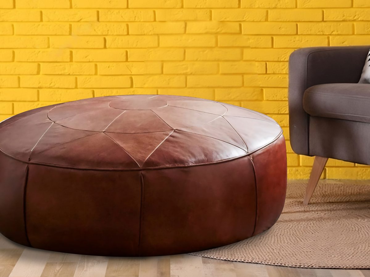 Moroccan Brown Leather Pouf