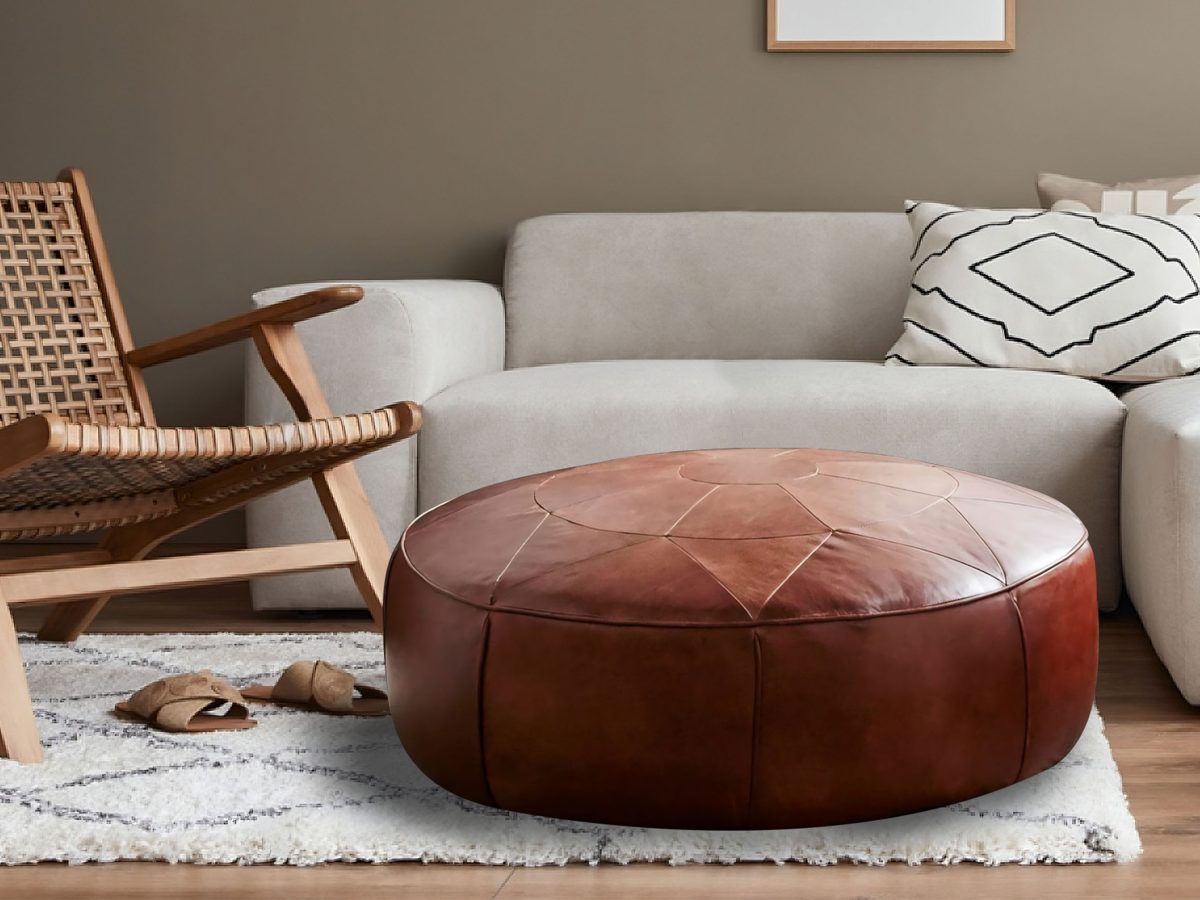 Moroccan Brown Leather Pouf