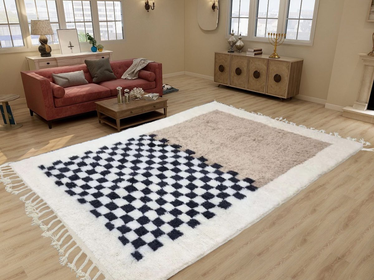 Beige and Black Checkered pattern Rug, Moroccan Beni Ourain Rug